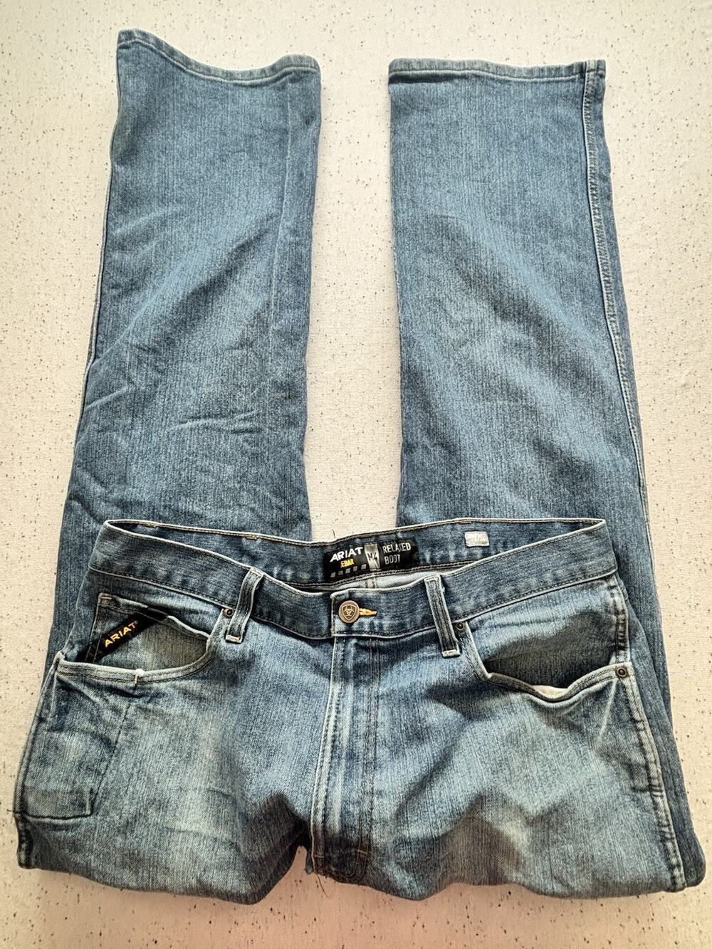Ariat Rebar M4 Relaxed Boot Cut Jeans Mens 36x34 Blue ToughMax Work Denim W/hole